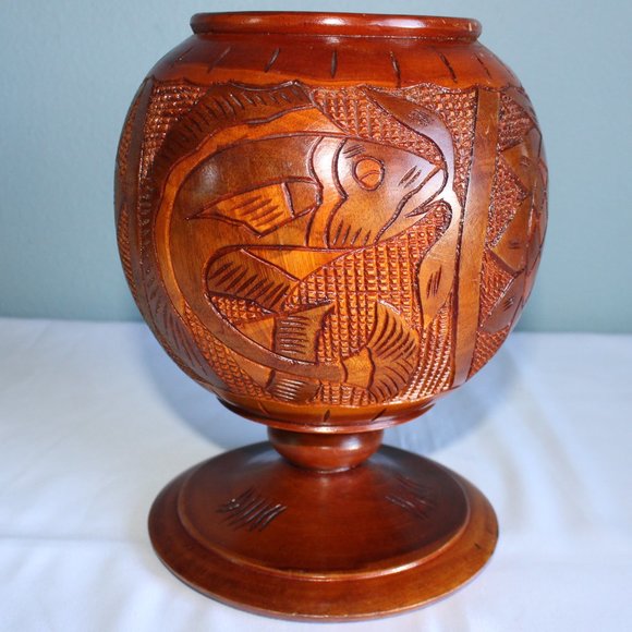 Vintage Hand Turned Carved Solid Wood Pedestal Vase With Lid 14" Tall - Picture 2 of 12